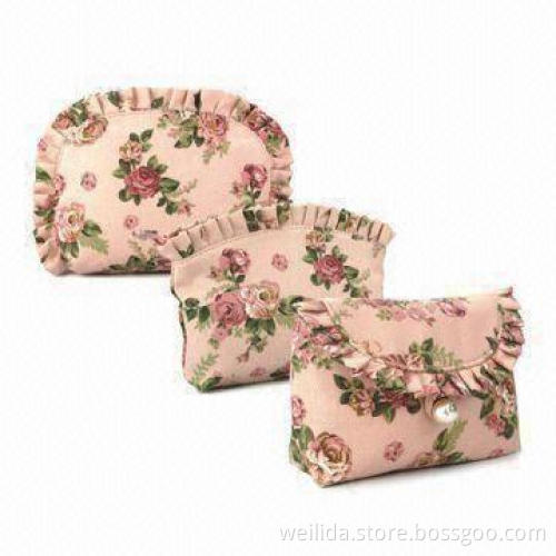 8oz Printed Cotton Canvas Cosmetic Bag with 190T Lining and Beautiful Frill